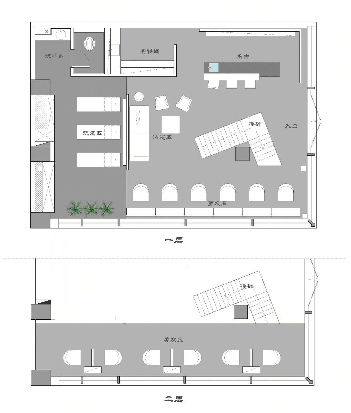 MASS 理发店 | 半高墙体分隔功能区，柱身环绕楼梯增雕塑感-21