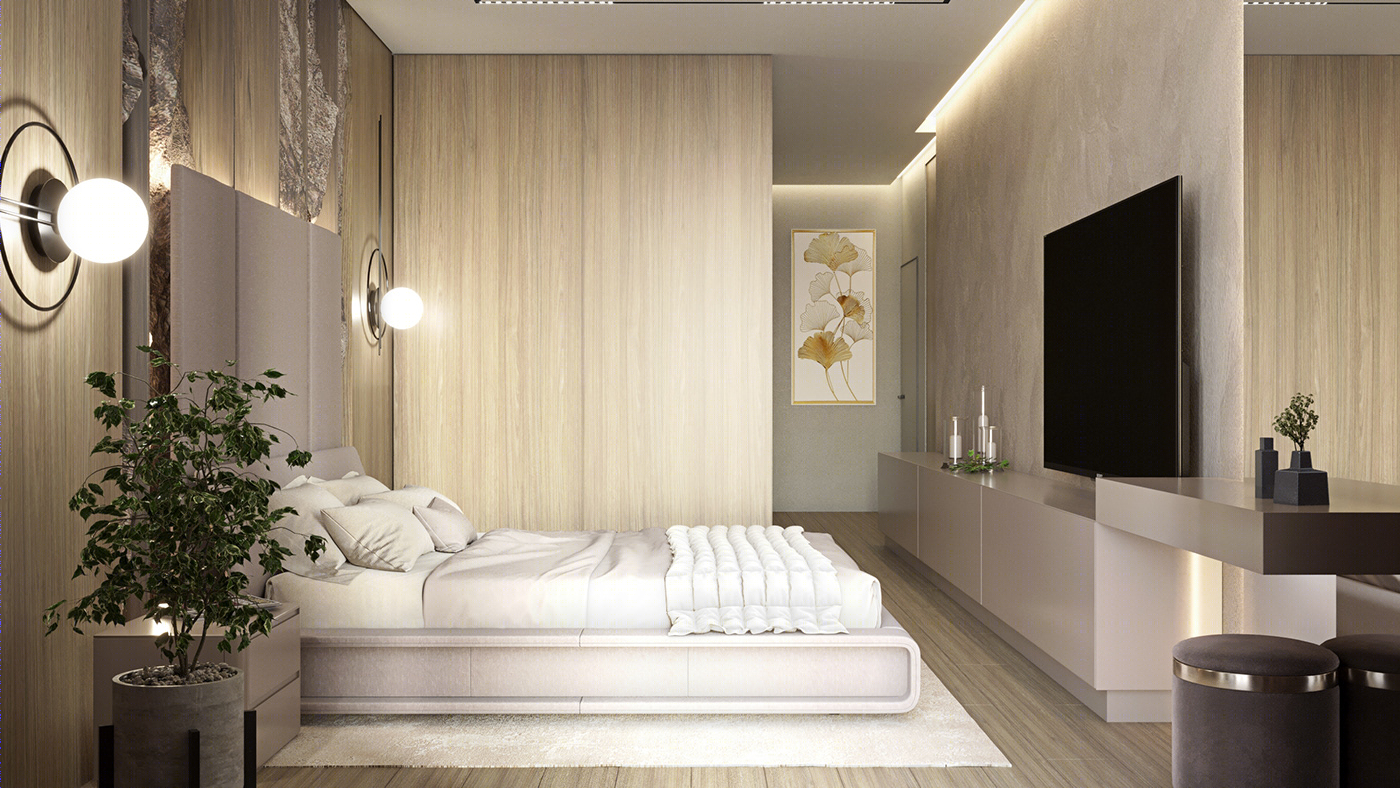 Anastasiya Gushchina丨平层丨Bedroom Decorated With Natural Stone And Wood-1