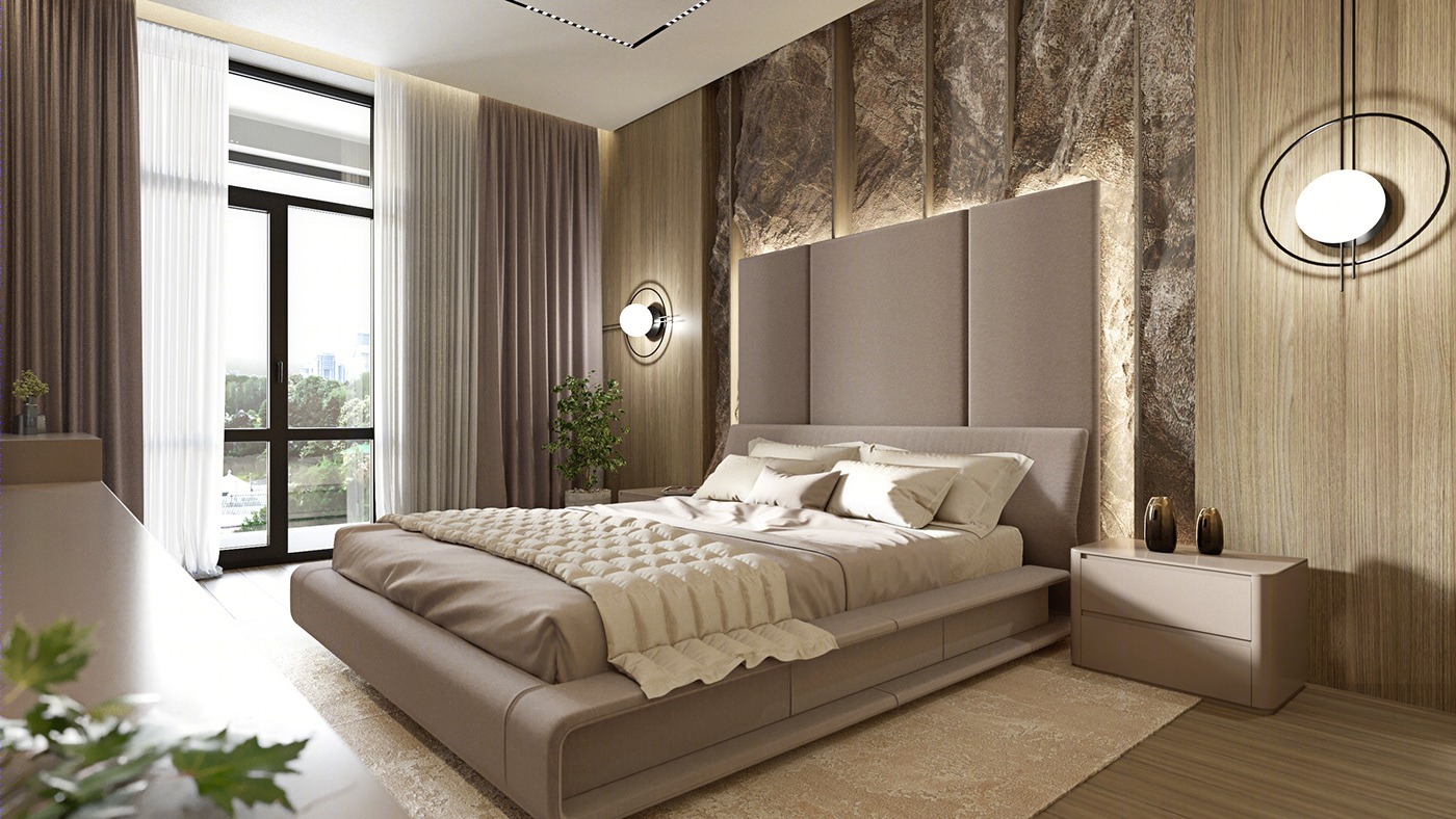 Anastasiya Gushchina丨平层丨Bedroom Decorated With Natural Stone And Wood-2