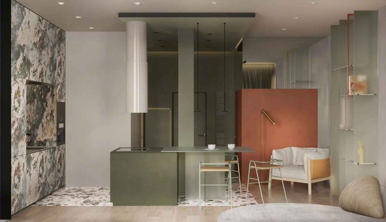 乌克兰基辅一室户公寓，色彩与材料打造轻奢时尚家居-4